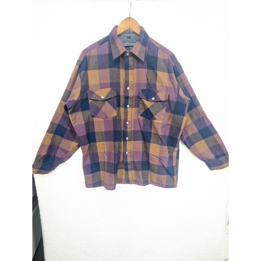 Vintage Van Heusen Winter Weight‎ Multicolored Acrylic Plaid Button Up Shirt L
